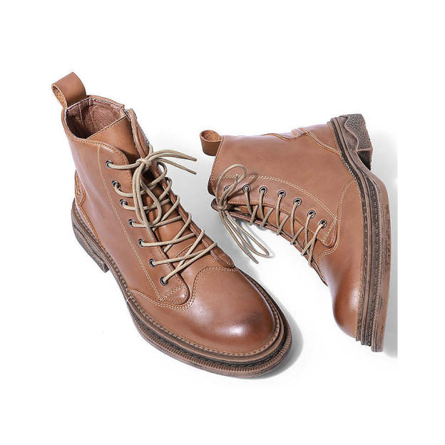 American British Style Classic Cowhide Leather Handmade Men Work Boots Breathable Leather for Men Retro Knight Boots