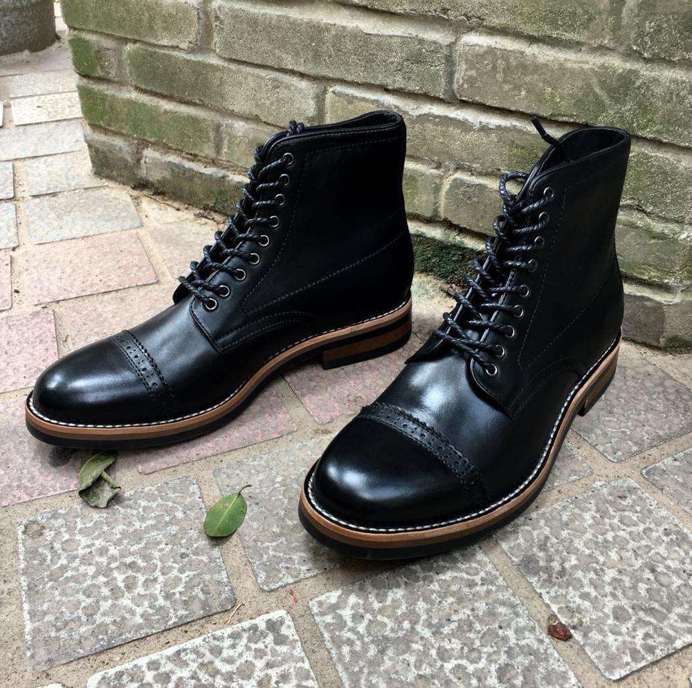 OEM Good Quality Black Mens Shoes Cow Leather Laceup Boot Martin Boots for Men