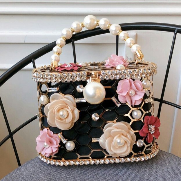 High Quality Openwork Basket Design Luxury Party Clutch Diamonds Pearls Women's Handbags Evening Bag Fashion Purses Designer Bag