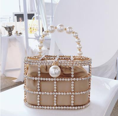 High Quality Openwork Basket Design Luxury Party Clutch Diamonds Pearls Women's Handbags Evening Bag Fashion Purses Designer Bag