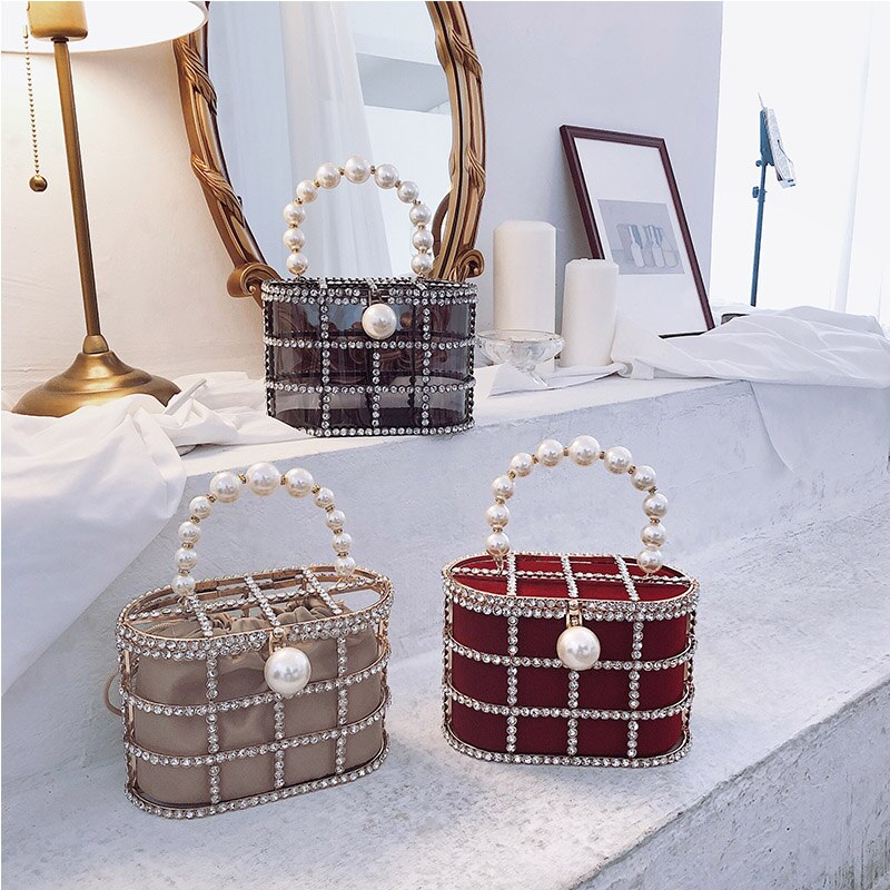 High Quality Openwork Basket Design Luxury Party Clutch Diamonds Pearls Women's Handbags Evening Bag Fashion Purses Designer Bag