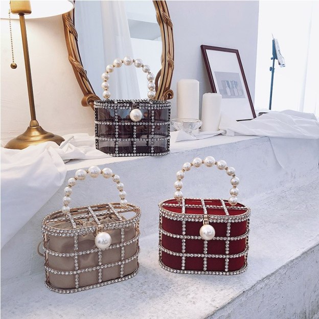 High Quality Openwork Basket Design Luxury Party Clutch Diamonds Pearls Women's Handbags Evening Bag Fashion Purses Designer Bag