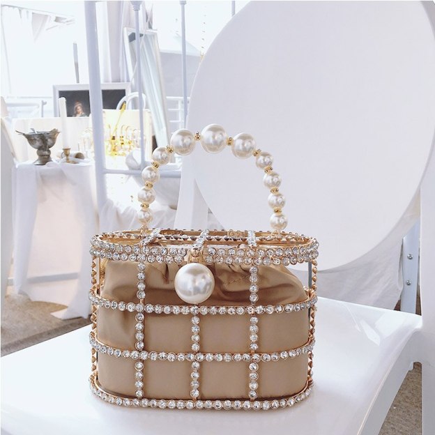 High Quality Openwork Basket Design Luxury Party Clutch Diamonds Pearls Women's Handbags Evening Bag Fashion Purses Designer Bag