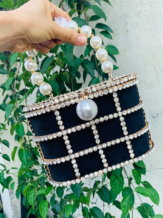 High Quality Openwork Basket Design Luxury Party Clutch Diamonds Pearls Women's Handbags Evening Bag Fashion Purses Designer Bag