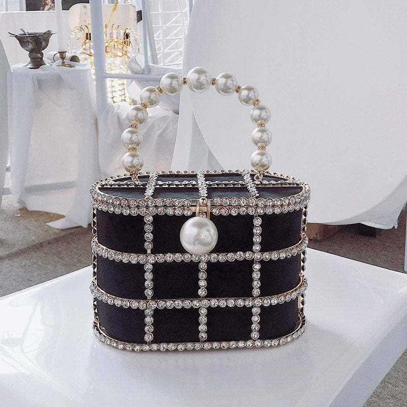 High Quality Openwork Basket Design Luxury Party Clutch Diamonds Pearls Women's Handbags Evening Bag Fashion Purses Designer Bag