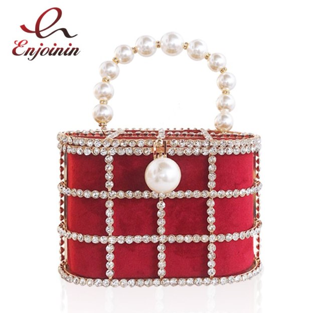 High Quality Openwork Basket Design Luxury Party Clutch Diamonds Pearls Women's Handbags Evening Bag Fashion Purses Designer Bag