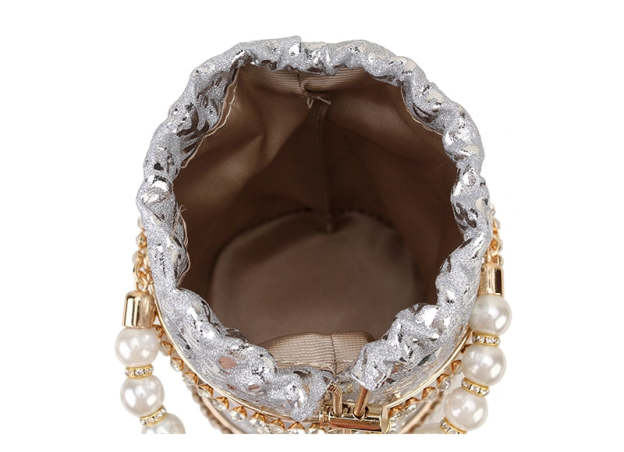 Luxury Diamond Metal Bucket Pearl Handle Women Party Clutch Purses and Handbags Hollow Designer Bag Wedding Chain Shoulder Bag