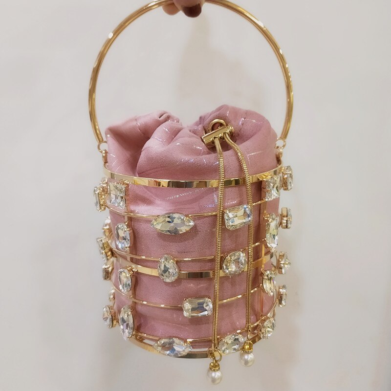 Luxury Diamond Metal Bucket Pearl Handle Women Party Clutch Purses and Handbags Hollow Designer Bag Wedding Chain Shoulder Bag