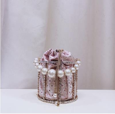 Luxury Diamond Metal Bucket Pearl Handle Women Party Clutch Purses and Handbags Hollow Designer Bag Wedding Chain Shoulder Bag