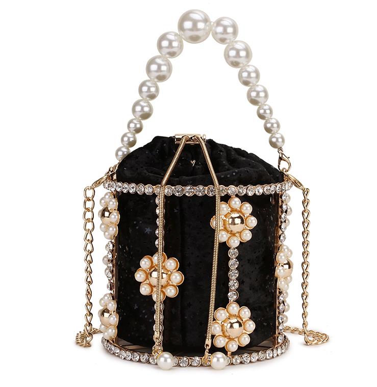 Luxury Diamond Metal Bucket Pearl Handle Women Party Clutch Purses and Handbags Hollow Designer Bag Wedding Chain Shoulder Bag