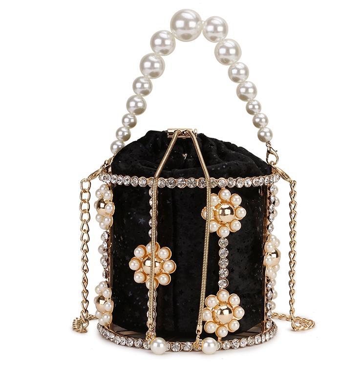 Luxury Diamond Metal Bucket Pearl Handle Women Party Clutch Purses and Handbags Hollow Designer Bag Wedding Chain Shoulder Bag