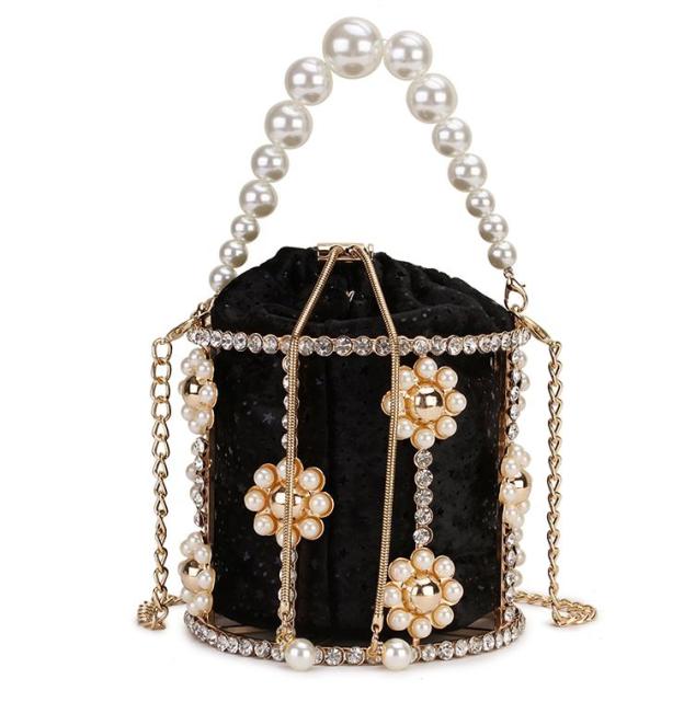 Luxury Diamond Metal Bucket Pearl Handle Women Party Clutch Purses and Handbags Hollow Designer Bag Wedding Chain Shoulder Bag