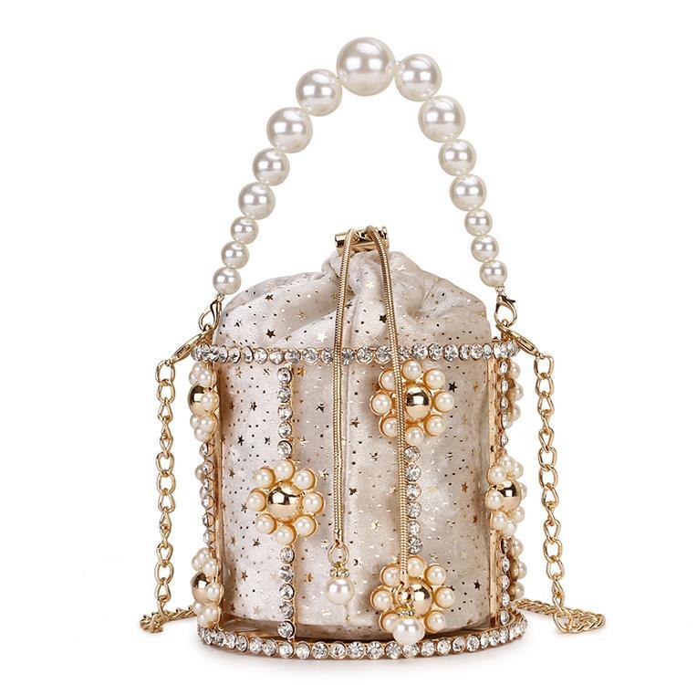 Luxury Diamond Metal Bucket Pearl Handle Women Party Clutch Purses and Handbags Hollow Designer Bag Wedding Chain Shoulder Bag