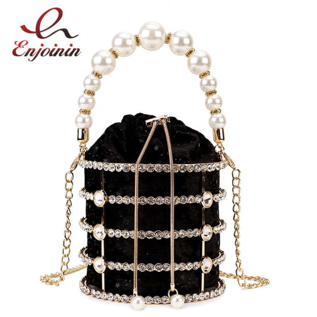Luxury Diamond Metal Bucket Pearl Handle Women Party Clutch Purses and Handbags Hollow Designer Bag Wedding Chain Shoulder Bag