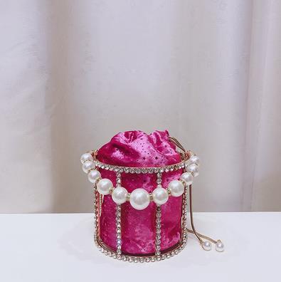 Luxury Diamond Metal Bucket Pearl Handle Women Party Clutch Purses and Handbags Hollow Designer Bag Wedding Chain Shoulder Bag