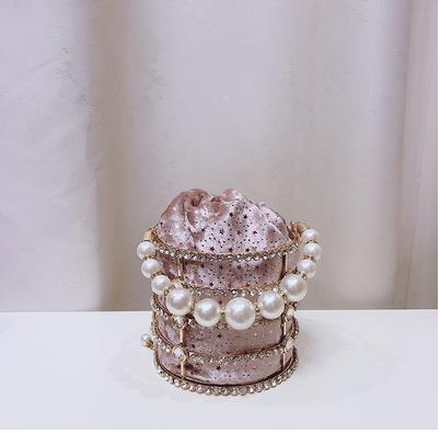 Luxury Diamond Metal Bucket Pearl Handle Women Party Clutch Purses and Handbags Hollow Designer Bag Wedding Chain Shoulder Bag
