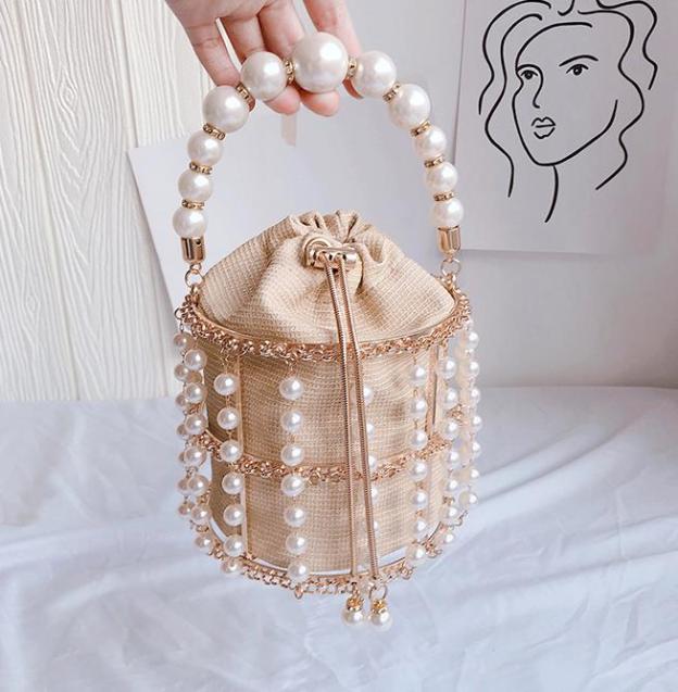 Luxury Diamond Metal Bucket Pearl Handle Women Party Clutch Purses and Handbags Hollow Designer Bag Wedding Chain Shoulder Bag