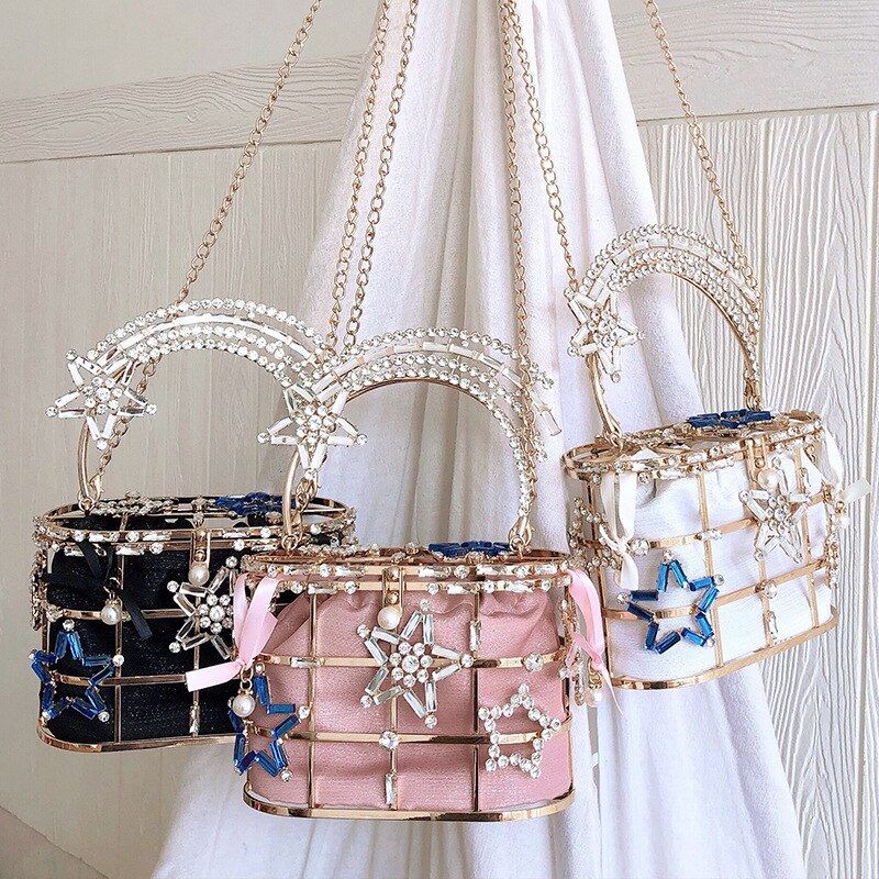 Luxury Metal Diamond Basket Women Party Clutch Fashion Purses and Handbags Star Design Evening Bag Desiger Shoulder Chain Bag