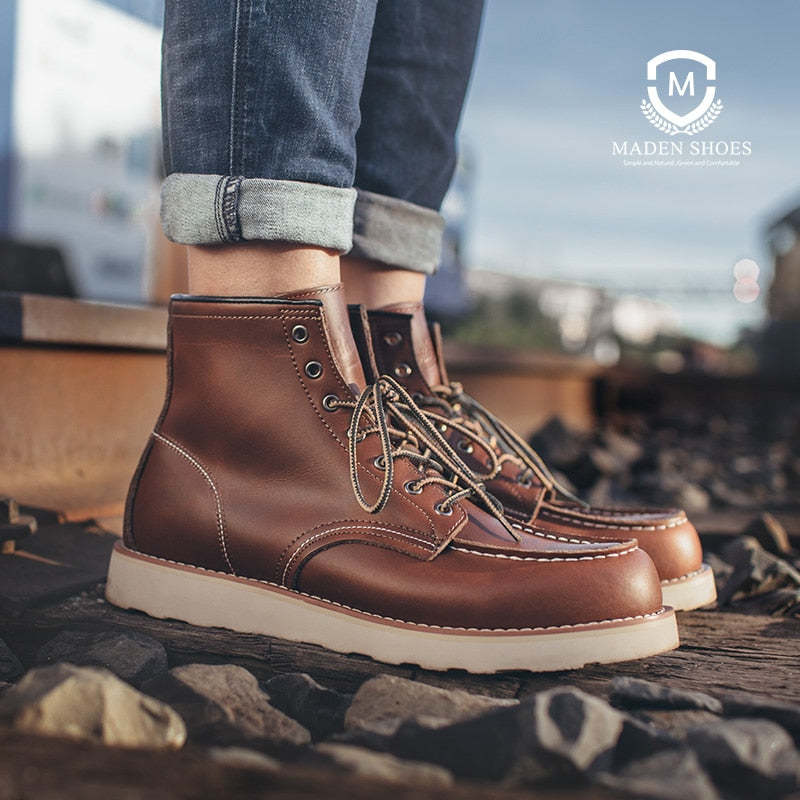 Maden Red Motorcycle Boots Men Vintage Worker Leather Casual Shoes Outdoor Ankle Boot Punk Shoes