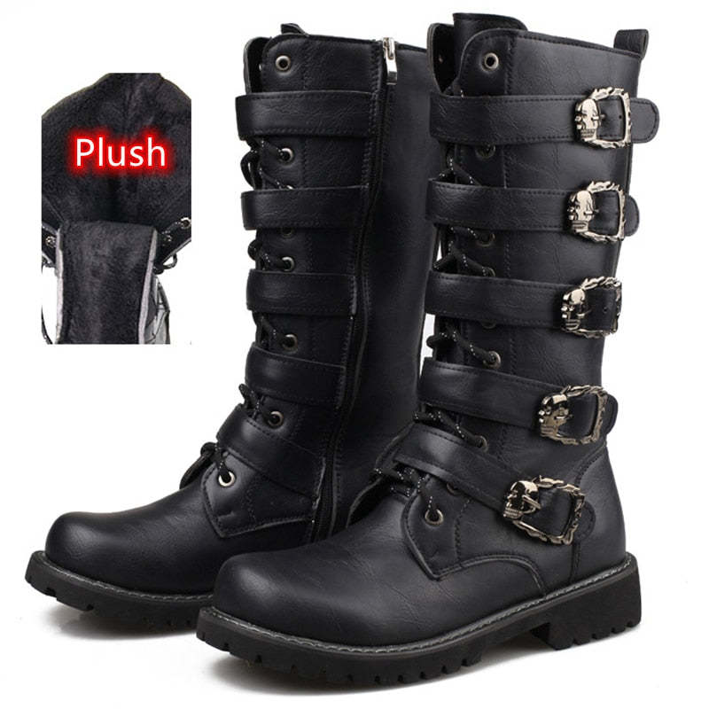 Male Shoes Korean Fashion Outdoor Military Boots Men Long Riding Boots British Leather Non Slip Mid Calf Motorcycle Boots 6A