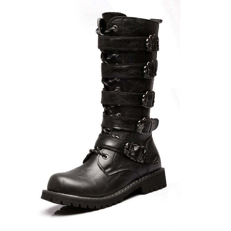 Male Shoes Korean Fashion Outdoor Military Boots Men Long Riding Boots British Leather Non Slip Mid Calf Motorcycle Boots 6A