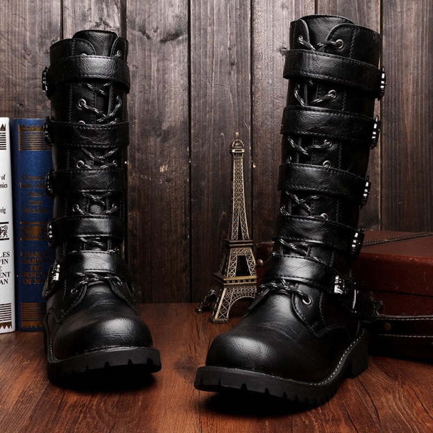 Male Shoes Korean Fashion Outdoor Military Boots Men Long Riding Boots British Leather Non Slip Mid Calf Motorcycle Boots 6A