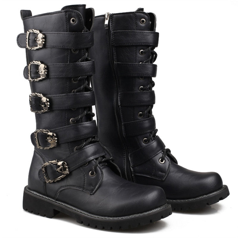 Male Shoes Korean Fashion Outdoor Military Boots Men Long Riding Boots British Leather Non Slip Mid Calf Motorcycle Boots 6A