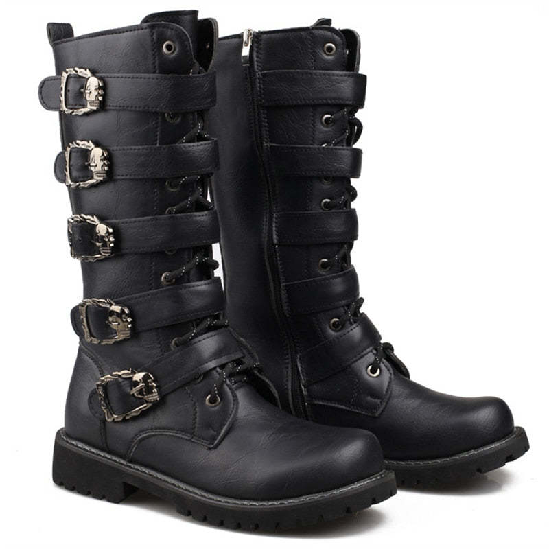 Male Shoes Korean Fashion Outdoor Military Boots Men Long Riding Boots British Leather Non Slip Mid Calf Motorcycle Boots 6A