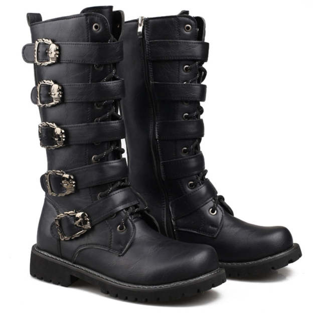 Male Shoes Korean Fashion Outdoor Military Boots Men Long Riding Boots British Leather Non Slip Mid Calf Motorcycle Boots 6A