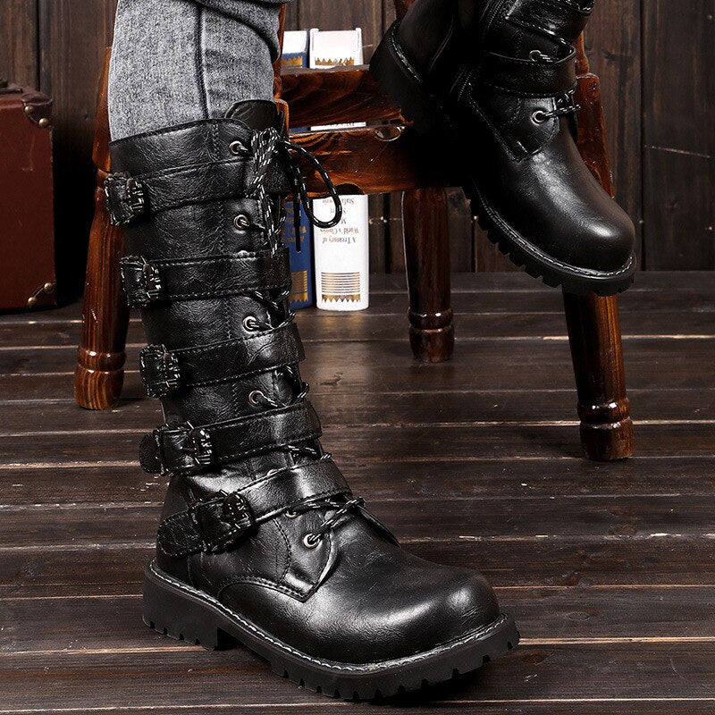 Male Shoes Korean Fashion Outdoor Military Boots Men Long Riding Boots British Leather Non Slip Mid Calf Motorcycle Boots 6A