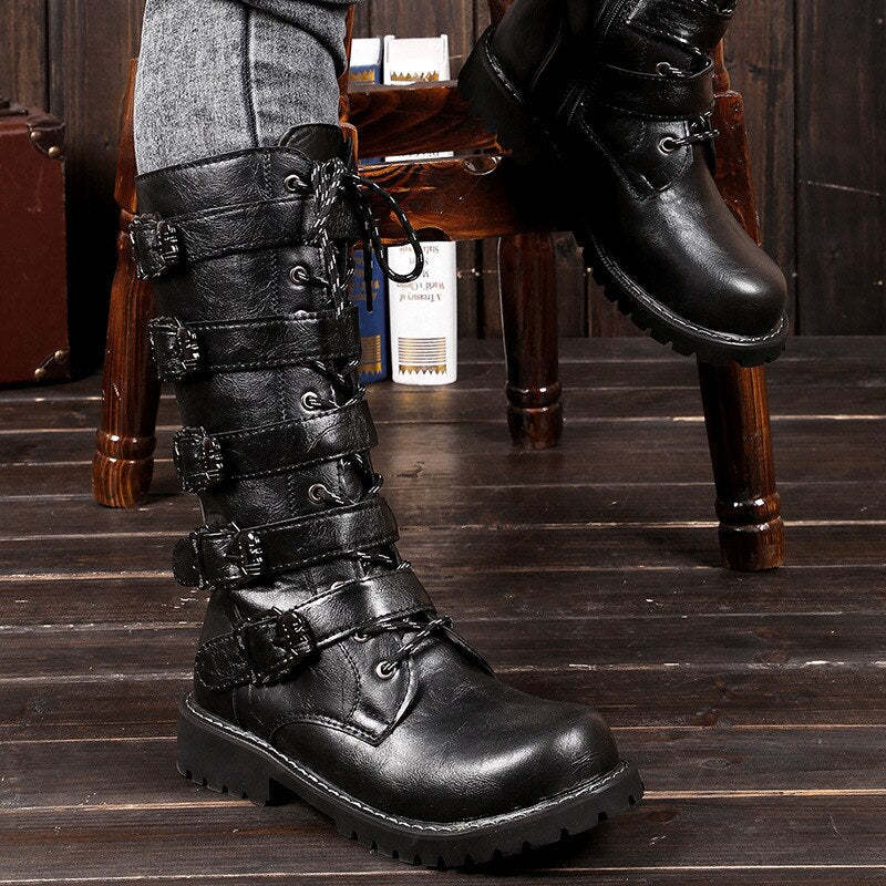 Male Shoes Korean Fashion Outdoor Military Boots Men Long Riding Boots British Leather Non Slip Mid Calf Motorcycle Boots 6A