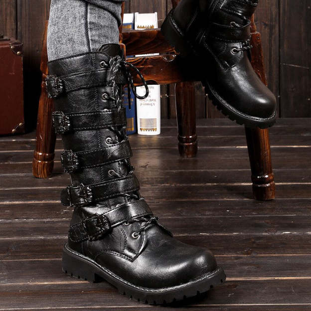 Male Shoes Korean Fashion Outdoor Military Boots Men Long Riding Boots British Leather Non Slip Mid Calf Motorcycle Boots 6A