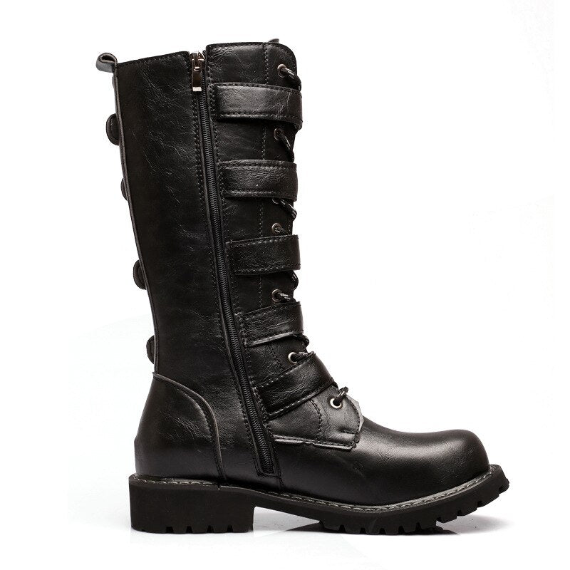 Male Shoes Korean Fashion Outdoor Military Boots Men Long Riding Boots British Leather Non Slip Mid Calf Motorcycle Boots 6A