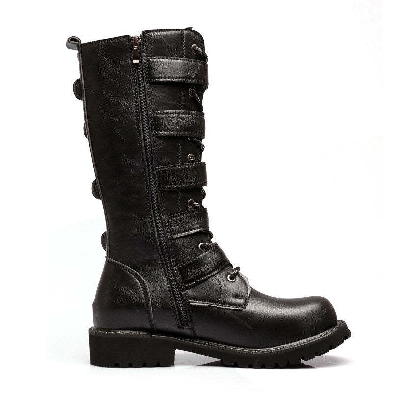 Male Shoes Korean Fashion Outdoor Military Boots Men Long Riding Boots British Leather Non Slip Mid Calf Motorcycle Boots 6A