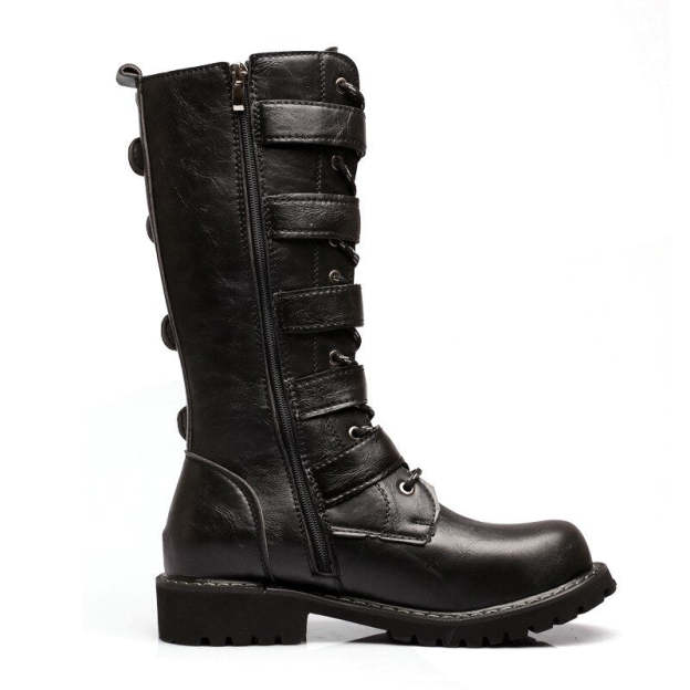 Male Shoes Korean Fashion Outdoor Military Boots Men Long Riding Boots British Leather Non Slip Mid Calf Motorcycle Boots 6A