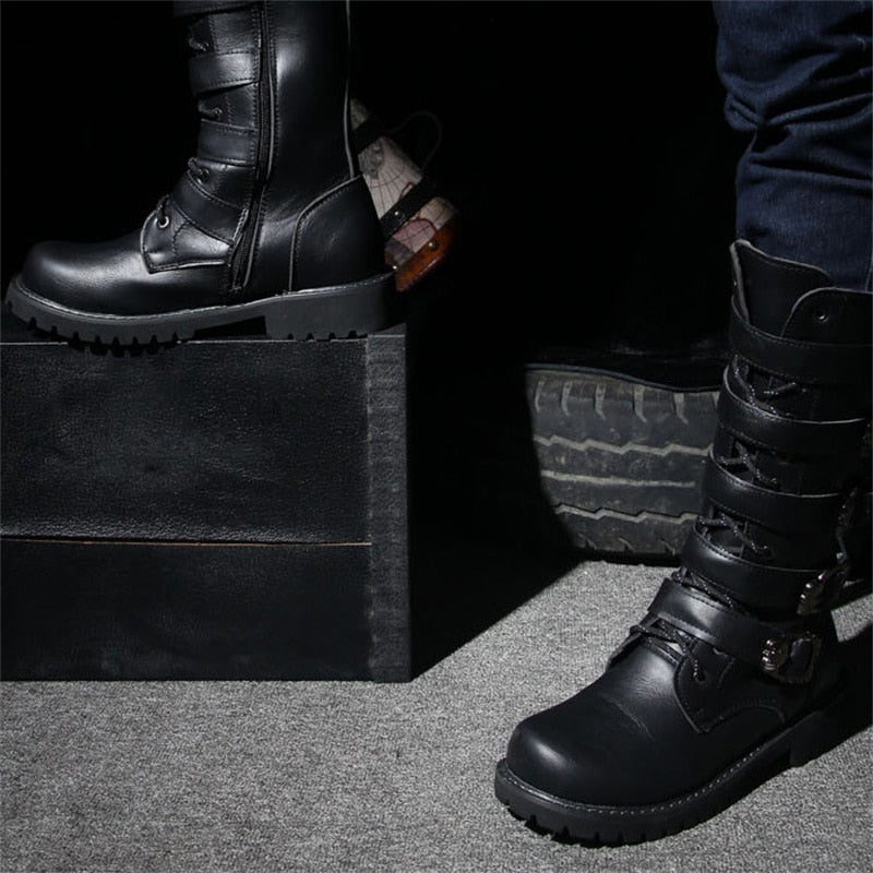 Male Shoes Korean Fashion Outdoor Military Boots Men Long Riding Boots British Leather Non Slip Mid Calf Motorcycle Boots 6A