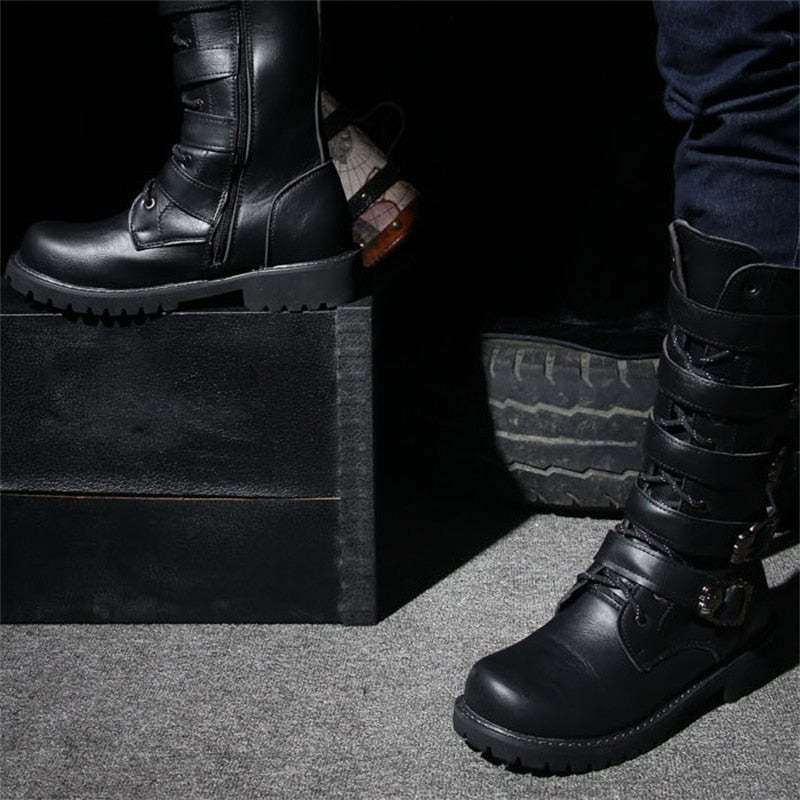 Male Shoes Korean Fashion Outdoor Military Boots Men Long Riding Boots British Leather Non Slip Mid Calf Motorcycle Boots 6A