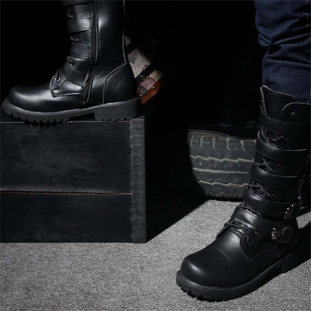 Male Shoes Korean Fashion Outdoor Military Boots Men Long Riding Boots British Leather Non Slip Mid Calf Motorcycle Boots 6A