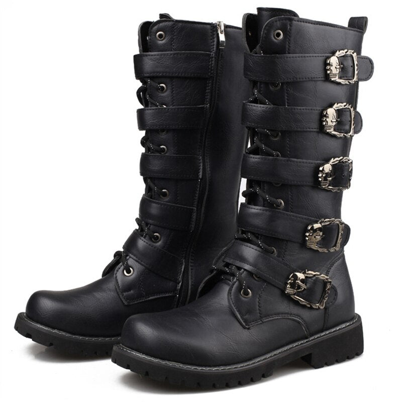Male Shoes Korean Fashion Outdoor Military Boots Men Long Riding Boots British Leather Non Slip Mid Calf Motorcycle Boots 6A