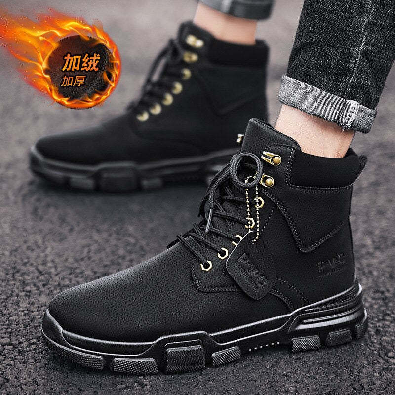 Men Ankle Snow Winter Warm Boots Lace-up Flock Plush Plus Size Shoe Chelsea  Motorcycle High Tops Boot Plus Size