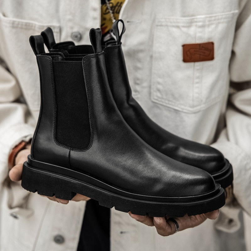 Men  Boots Slip on Pu Leather Chelsea Boots Chunky Ankle Boots Short Boots Casual Indestructible Military Boots Bottines