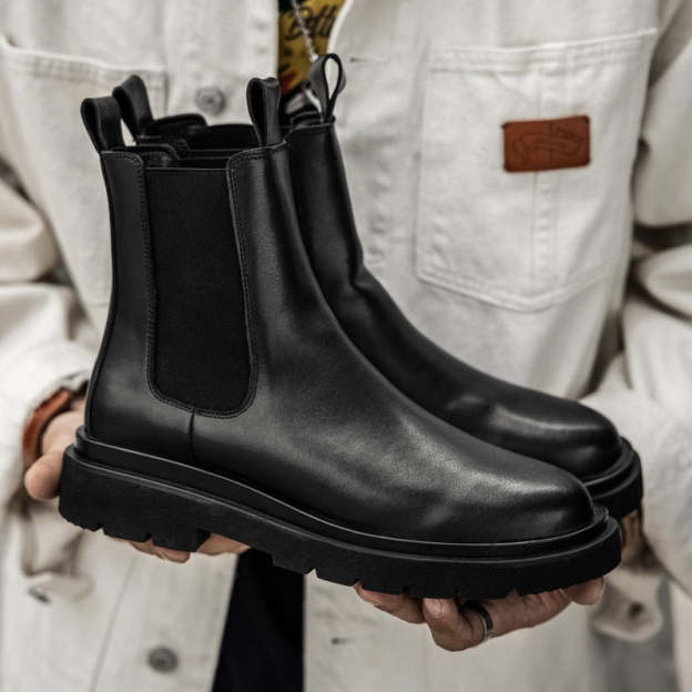 Men  Boots Slip on Pu Leather Chelsea Boots Chunky Ankle Boots Short Boots Casual Indestructible Military Boots Bottines