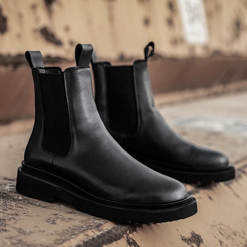 Men  Boots Slip on Pu Leather Chelsea Boots Chunky Ankle Boots Short Boots Casual Indestructible Military Boots Bottines