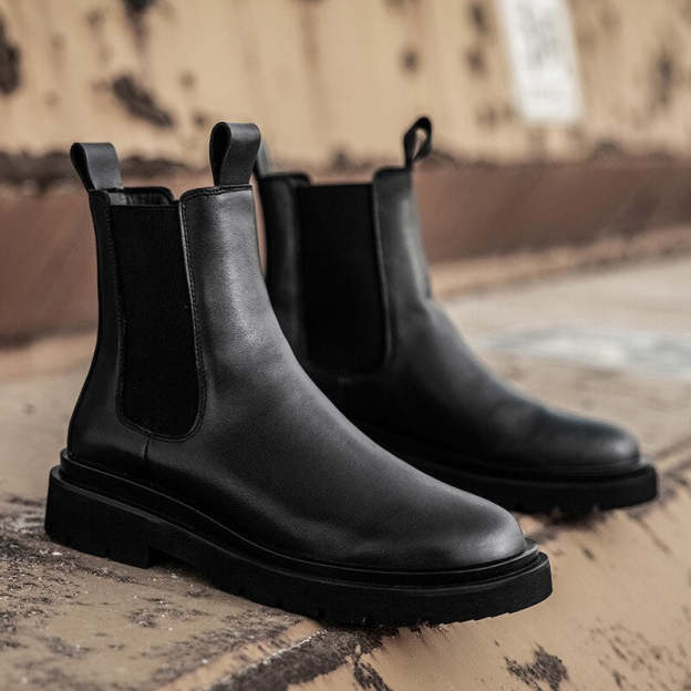 Men  Boots Slip on Pu Leather Chelsea Boots Chunky Ankle Boots Short Boots Casual Indestructible Military Boots Bottines