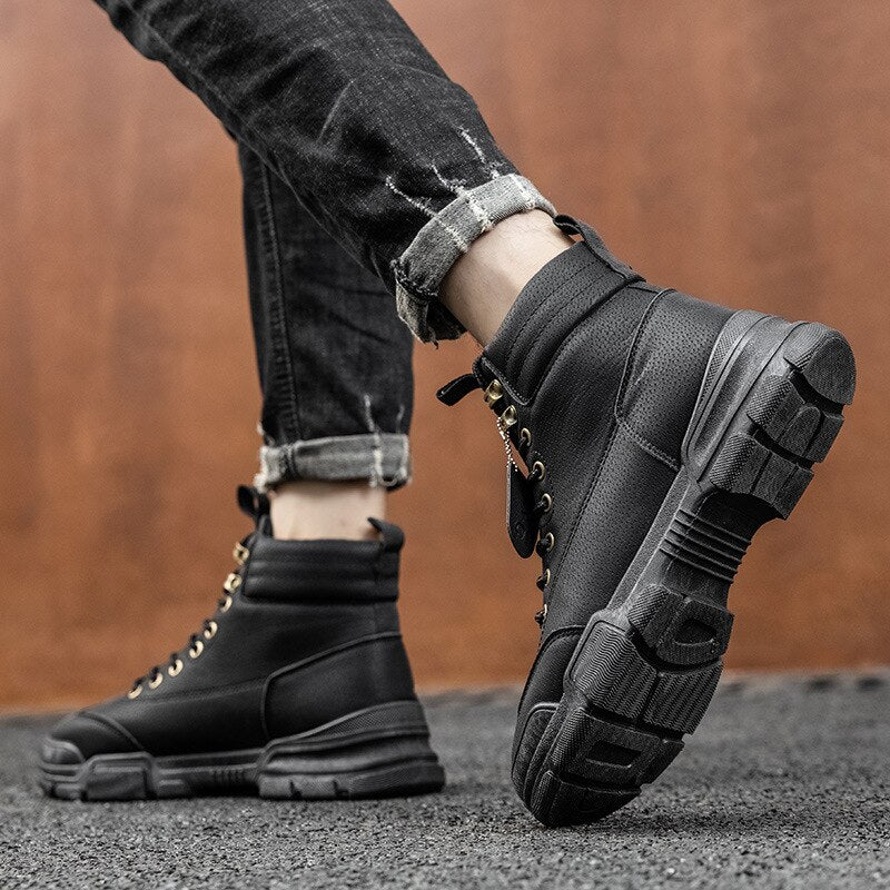 Men Casual  Boots Platform Sneakers Leather Sneakers Work Shoes Male Vulcanized Travel Running Walking Moccasins Shoe