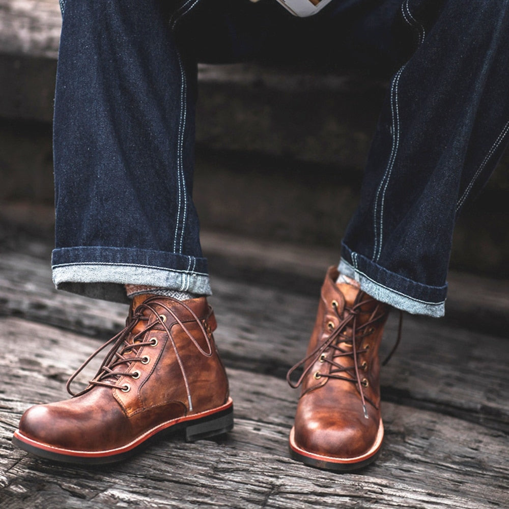 Men Leather Ankle Boots Comfortable  Boots Western Boot High-top Shoes Military Business Handmade Retro Anti-slip Footwear