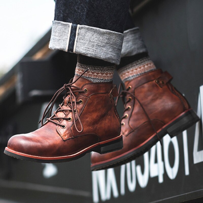 Men Leather Ankle Boots Comfortable  Boots Western Boot High-top Shoes Military Business Handmade Retro Anti-slip Footwear