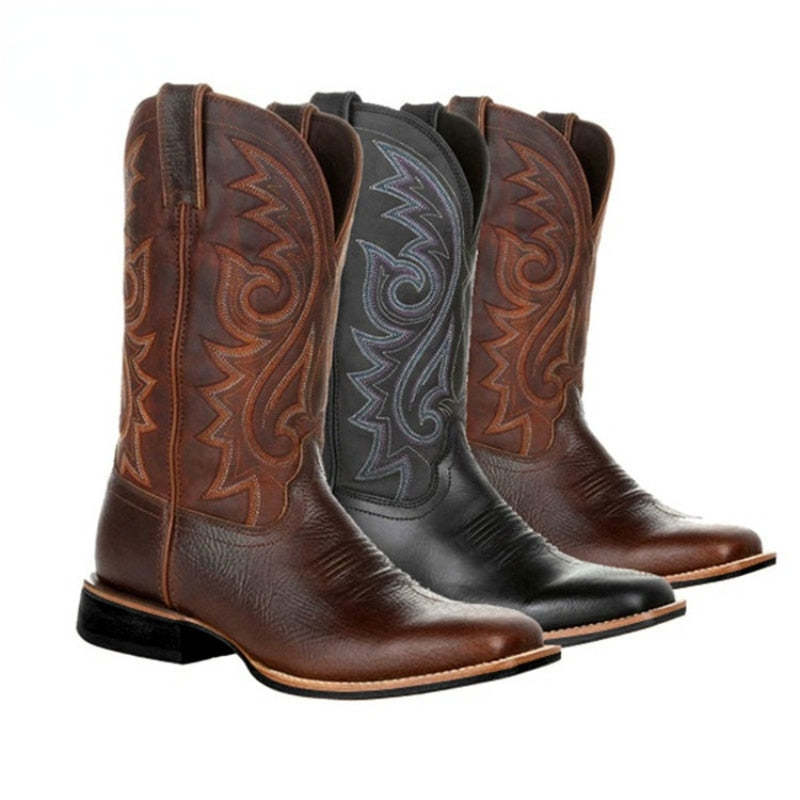 Men Leather Cowboy Boots Embroidered Women Slip on Embroidery Western Boot Unisex Classic Vintage Knight Boots Footwear