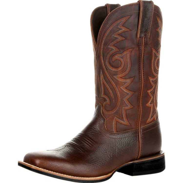 Men Leather Cowboy Boots Embroidered Women Slip on Embroidery  Western Boot Unisex Classic Vintage Knight Boots  Footwear
