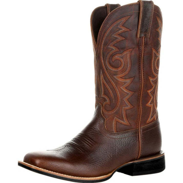 Men Leather Cowboy Boots Embroidered Women Slip on Embroidery Western Boot Unisex Classic Vintage Knight Boots Footwear